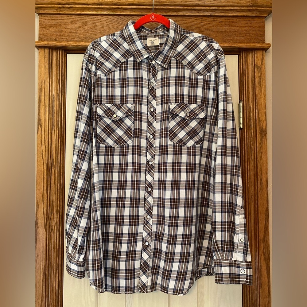 Old Navy Mens Classic Fit Western Cowboy Plaid Shirt Sz XXL Pearl Snap